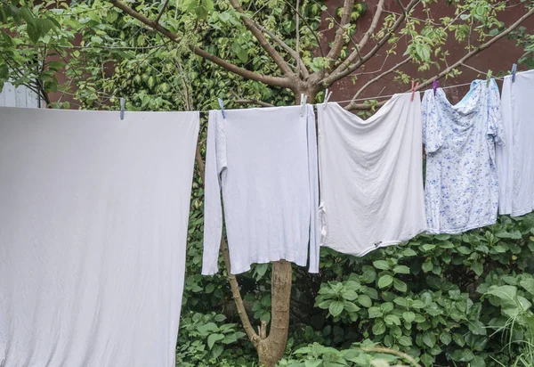 Nasse Kleidung Garten Eines Gebäudes Aufgehängt — Stockfoto