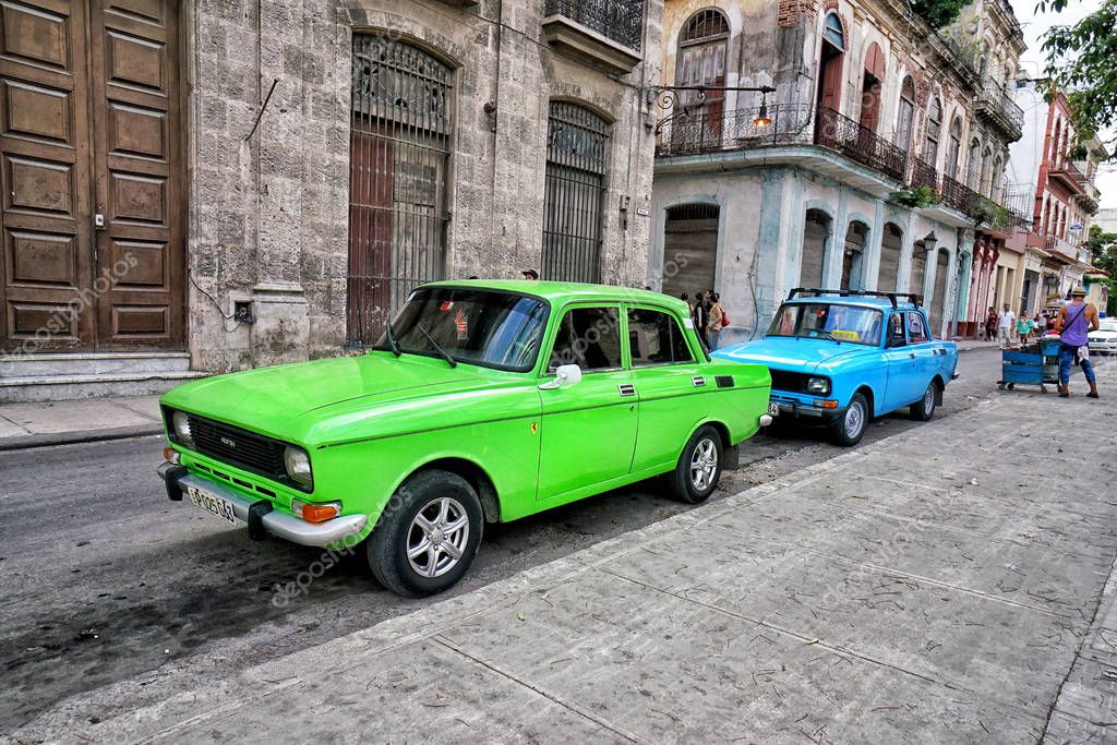 Russian cars parked at street near Obispo in Havana, Cuba.