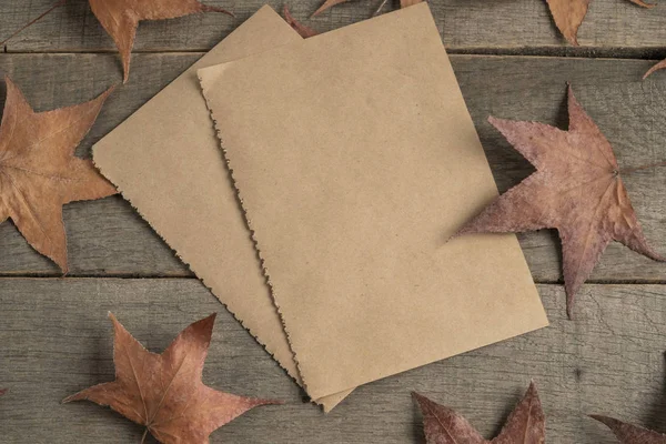 Papiers vierges sur table en bois ornée de feuilles d'automne séchées — Photo