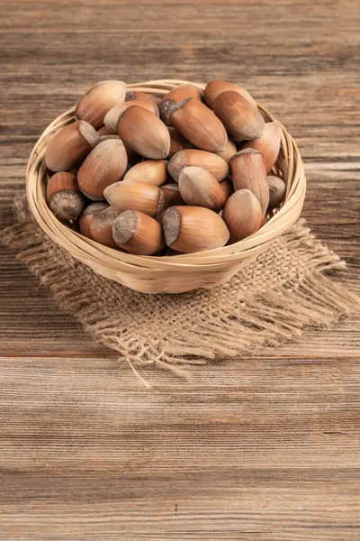 Closeup Hazelnuts Basket Wooden Table — Stock Photo, Image