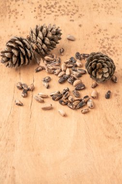 Tahta bir masada doğal çam fıstığı, çekirdek ve koni.