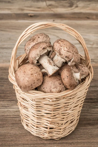 Cultivated Edible Raw Mushrooms Basket Wooden Table — Stock Photo, Image