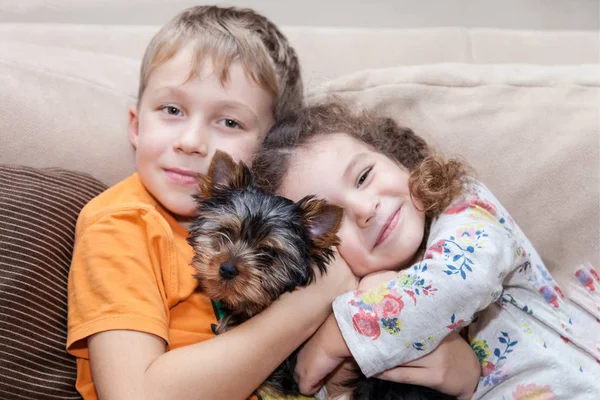 少年と少女が子犬を抱いて — ストック写真