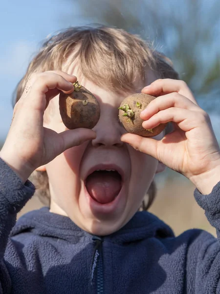 Retrato de menino com batatas — Fotografia de Stock