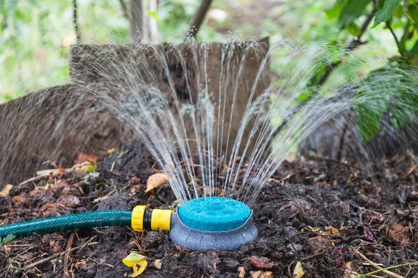 Bevochtiging compost stapel met behulp van de sprinkler — Stockfoto