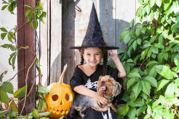 Kleine Hexe mit Halloween-Kürbis — Stockfoto