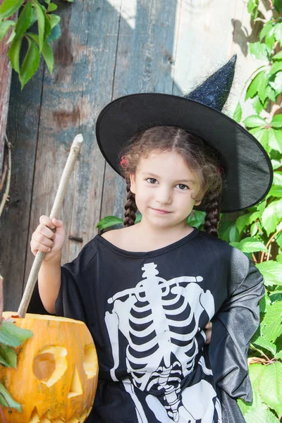 Cadılar Bayramı Balkabağı ile küçük cadı — Stok fotoğraf