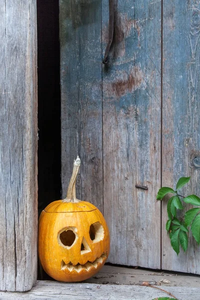 Halloween-Kürbis auf Holzgrund — Stockfoto