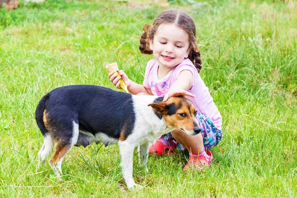 Glückliches Kleines Mädchen Streichelt Mischlingshund Freien — Stockfoto