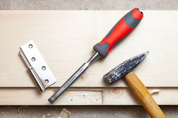 Door Hinges Tools Prepared Mounting Wooden Door — Stock Photo, Image