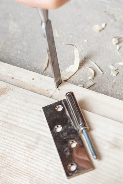 Chisel Hammer Install Door Hinges Wooden Door — Stock Photo, Image
