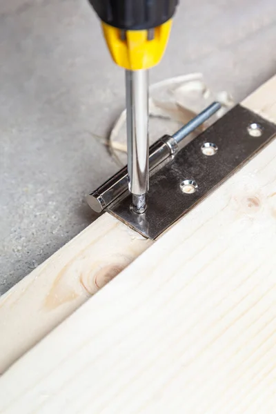 Install Door Hinges Wooden Door Screwing Screw — Stock Photo, Image