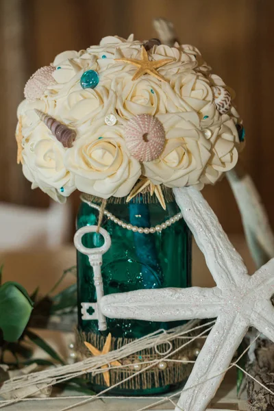 Praia temático Oceano casamento recepção central peça com floral Bou — Fotografia de Stock