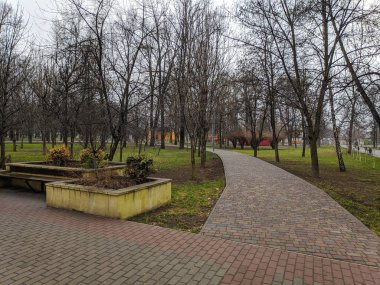 Parktaki kaldırımlar ve patikalar. Bulutlu havada şehir parkı