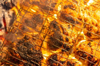 Yanan et. Izgara yapıyorum. Barbekü ve ızgarada tavuk