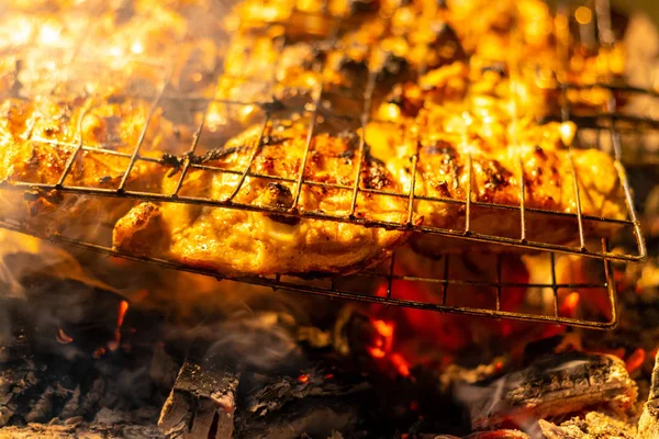 meat on fire. grilling. barbecue and chicken on the grill