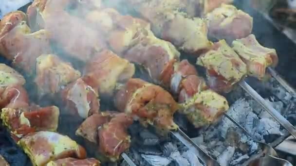 Grillen Fleisch Flammen Fleisch Auf Dem Grill Zubereiten — Stockvideo