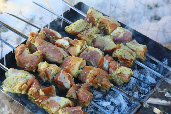 Churrasco Carne Chamas Cozinhar Carne Grelha — Fotografia de Stock
