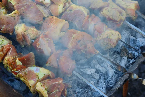 바베큐 고기에 불붙었어 고깃국에서 고기를 익히는 — 스톡 사진
