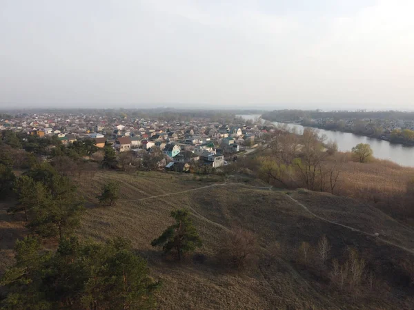 Landschap Met Bos Water Dennenbos Bovenaanzicht — Stockfoto