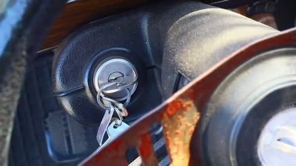 Key Ignition Switch Retro Car Interior — Stock Video