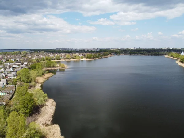 Vackert Landskap Med Flod Strand Och Flod Ovanifrån — Stockfoto