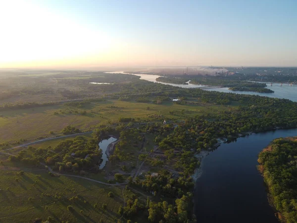 beautiful landscape from a height. land and river from above.