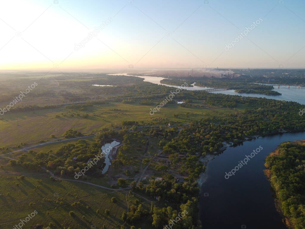 beautiful landscape from a height. land and river from above.