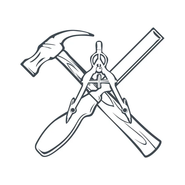 Alat-alat Crossed Hand untuk Carpenrty atau Label Konstruksi dan Lencana. Vektor - Stok Vektor