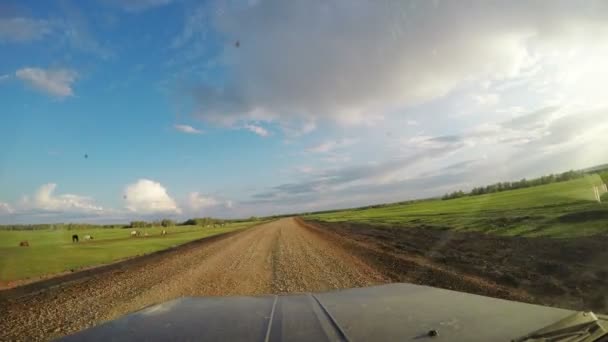 Blick aus dem Auto. Sommer-Roadtrip im Gelände bei sonnigem Wetter. 4k — Stockvideo