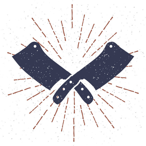 The Crossed Cutting tools Monochrome Illustration. Vintage Butchers Tools. Template for your shop, butchery, menu, cafe, business or art works. Vector