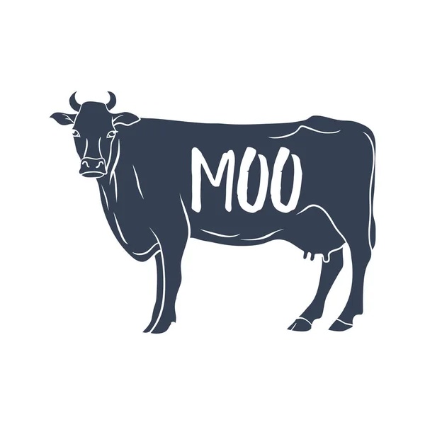 Silhouette di mucca con scritto "Moo". Vettore — Vettoriale Stock