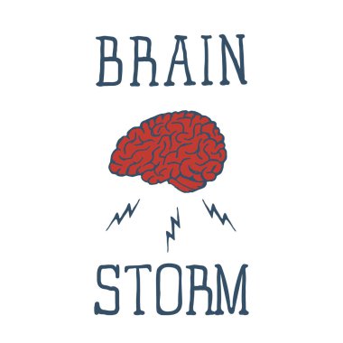 Elle çizilmiş ilham verici etiket dokulu beyin vektör çizim ve beyin fırtınası yazı ile.