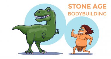 Taş Devri vücut geliştirme Yarışması karikatür. Mağara adamı Tyrannosaurus karşı. Vektör
