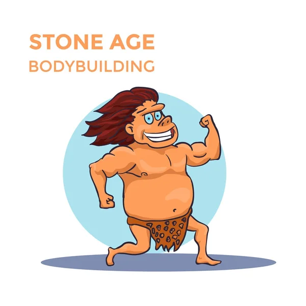 Ručně kreslené kreslené Stone Age jeskynní muž ukazuje jeho Biceps. Vektor — Stockový vektor