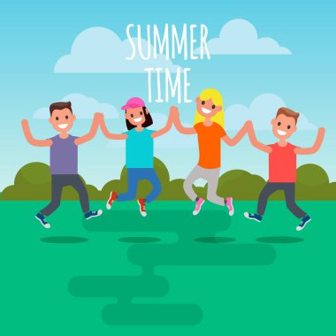 Grup atlama fotoğrafı. Düz tasarım karakter. Vektör