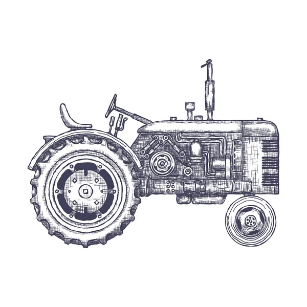 Tractor agrícola vintage, boceto. Vector dibujado a mano — Vector de stock