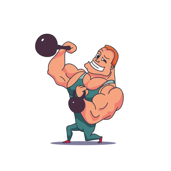 Personaje de dibujos animados Muscle hombre con Kettlebells. Vector — Archivo Imágenes Vectoriales
