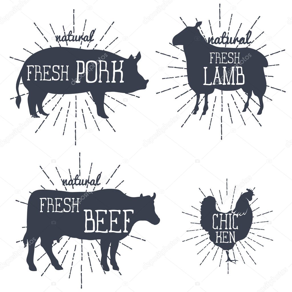 Farm animals icons set. Collection of labels with beautiful letterings such as chicken, beef, pork, lamb. Vector illustration