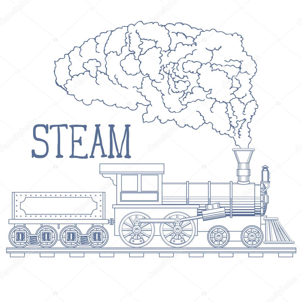 Vintage Steam Train Engrave Illustration. Vector