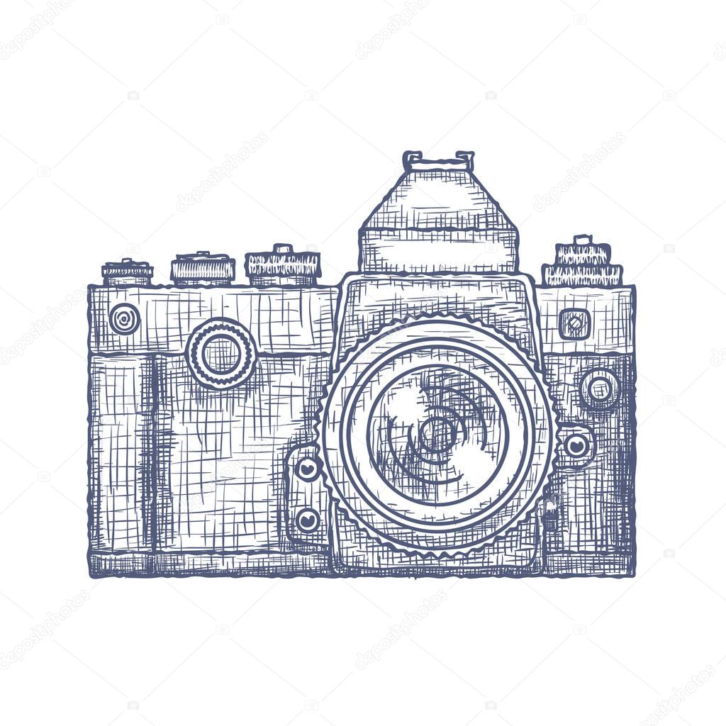 Vintage Old Photo Camera vector logo Hand Drawn design template. Vector illustration