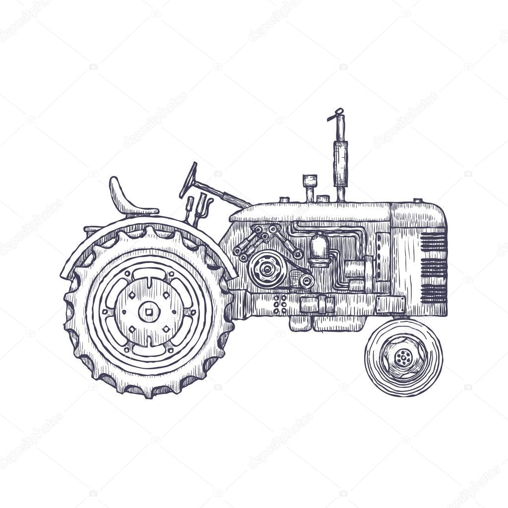 Vintage agricultural tractor, sketch. Hand drawn Vector