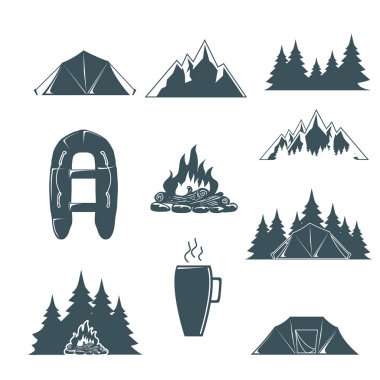 Tasarım öğeleri ile yaz kampı. Kamp ve açık macera Amblemler. Çadır kamp, siluet orman. Vektör