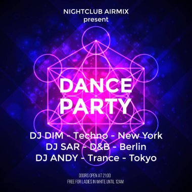 Dans partisi poster vektör arka plan şablonu parçacıklar, vurgu ve pembe ve mavi renklerde modern geometrik şekiller. Müzik etkinliği el ilanı veya afiş soyut. Vektör