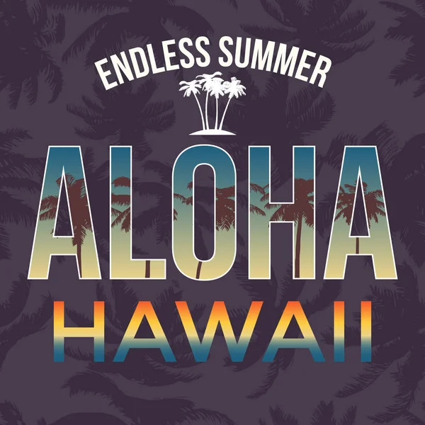 Camiseta de playa de Hawaii con palmera. Tipografía de la etiqueta del sello de gráficos de diseño de camiseta. Vector — Vector de stock