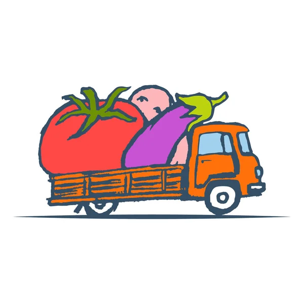 Camión dibujado a mano con verduras gigantes. Vector — Archivo Imágenes Vectoriales