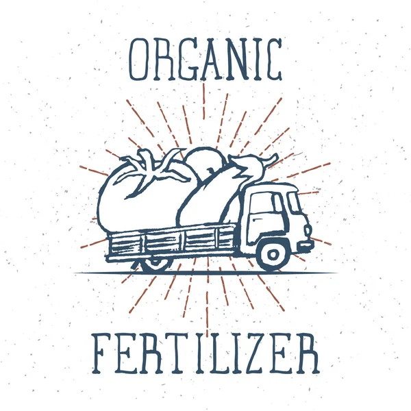 Caminhão desenhado à mão com vegetais gigantes com letras de fertilizante orgânico. Vetor —  Vetores de Stock