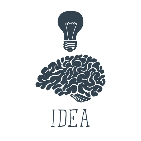 Cerebro Dibujado a Mano con Idea Letras y Bombilla. Vector — Vector de stock