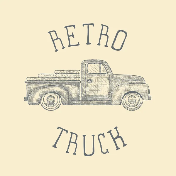 Hand drawn Engraved Retro Vintage Pickup Truck. Vector — Stock Vector