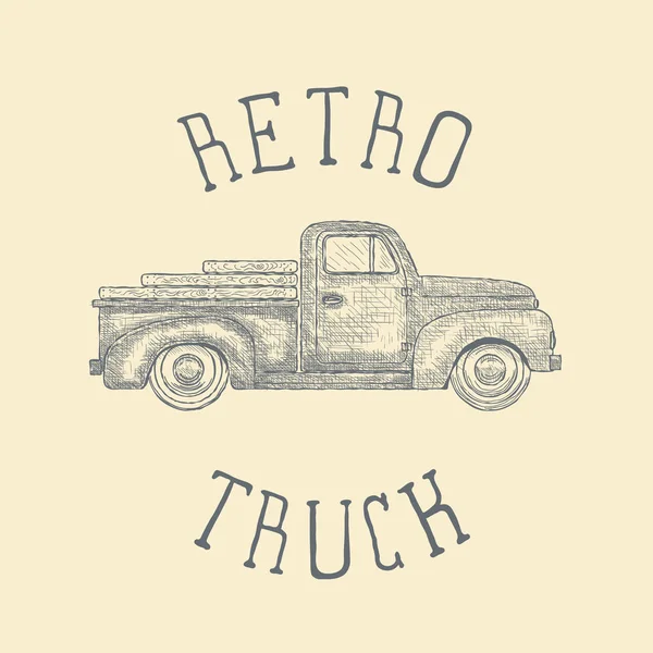 Hand getrokken gegraveerd Retro Vintage pick-up Truck. Vector — Stockvector